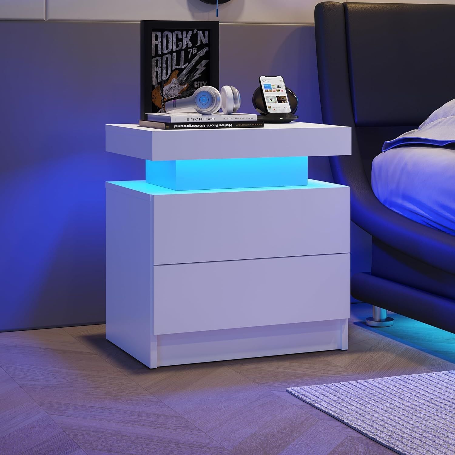 White LED nightstand with two drawers, modern bedside table featuring blue glow