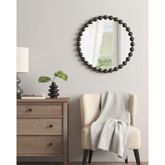 Beaded round wall mirror 27 in diameter with black beaded frame by Doba