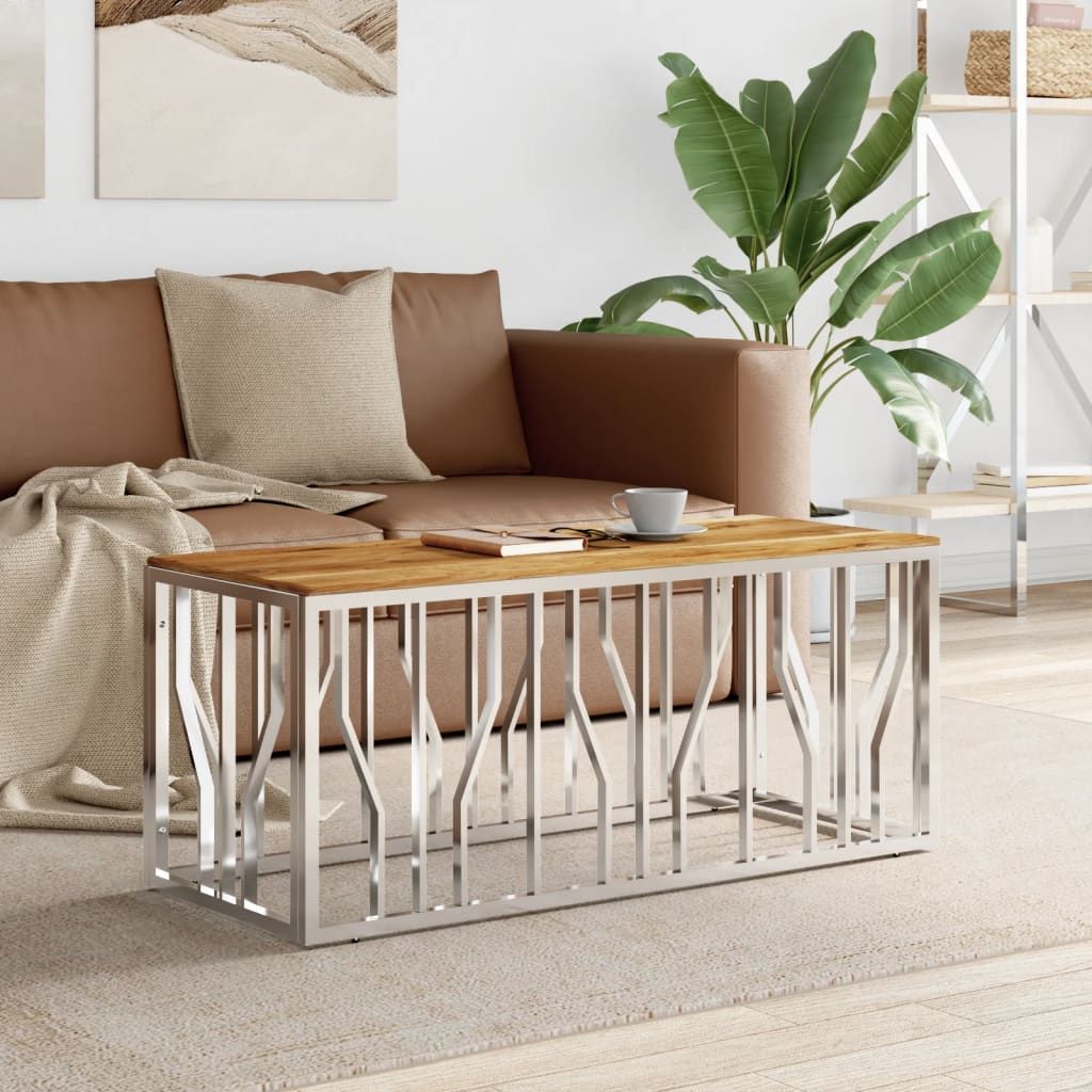 Coffee table with natural solid acacia wood top and silver stainless steel frame, medium.