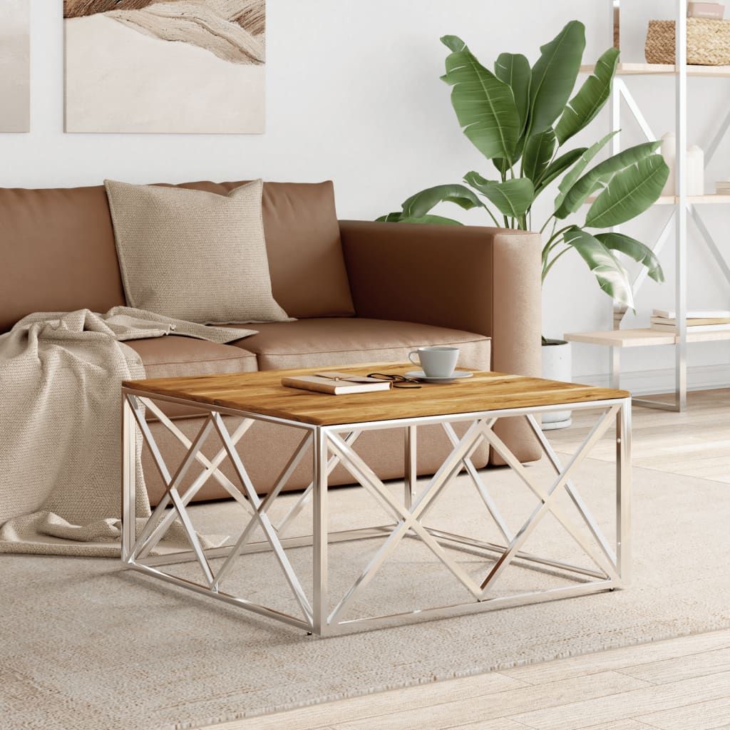 Coffee table with natural acacia wood top and silver metal crisscross frame