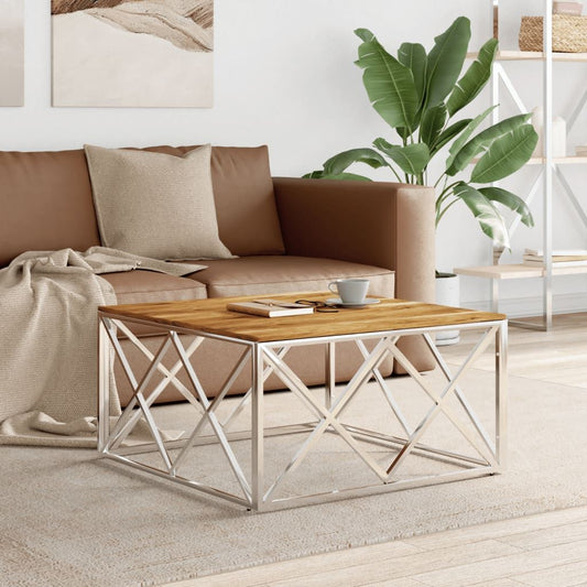 Coffee table with natural acacia wood top and silver metal crisscross frame