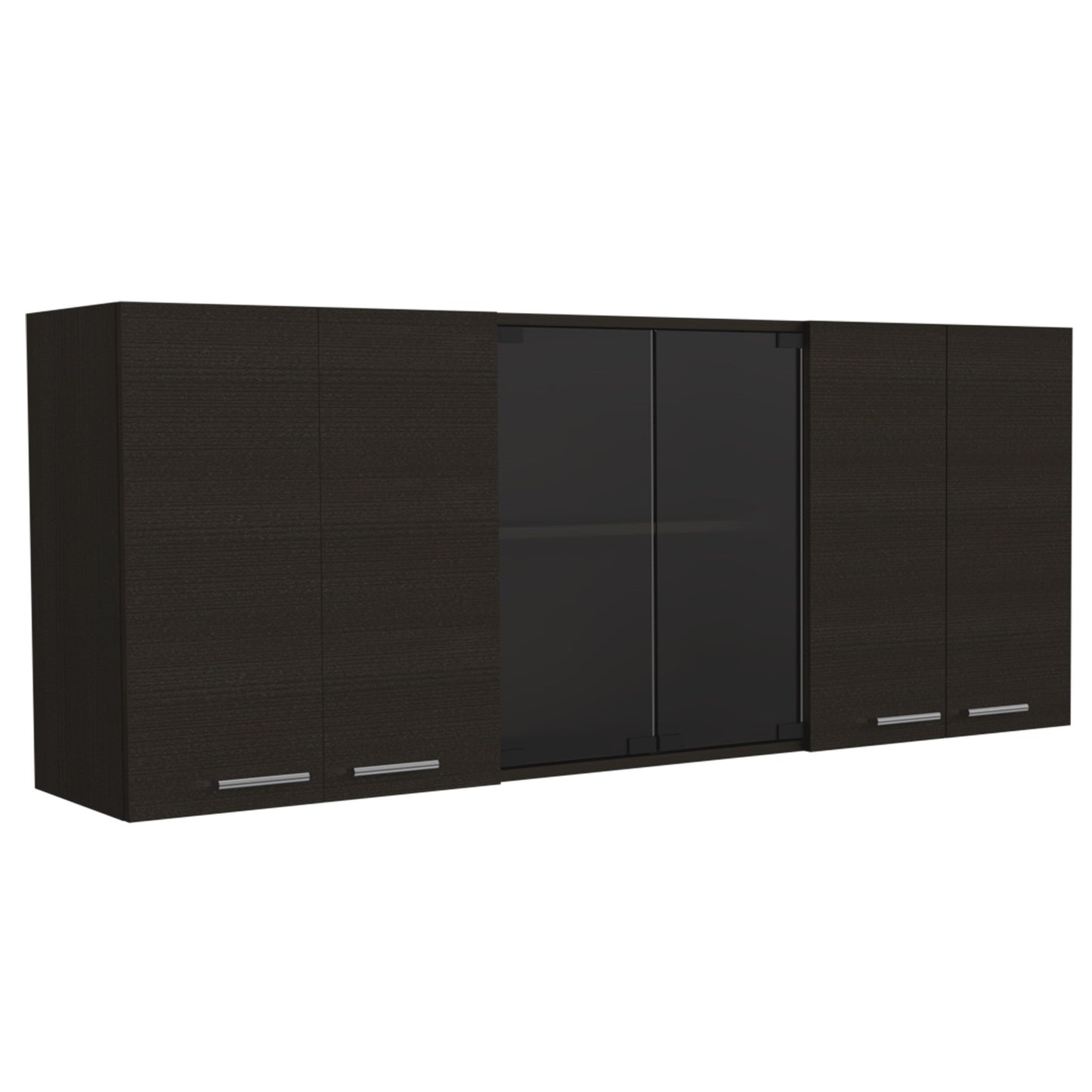 Yuma 150-inch wall cabinet with two closed cabinets and two open shelves in dark wood finish