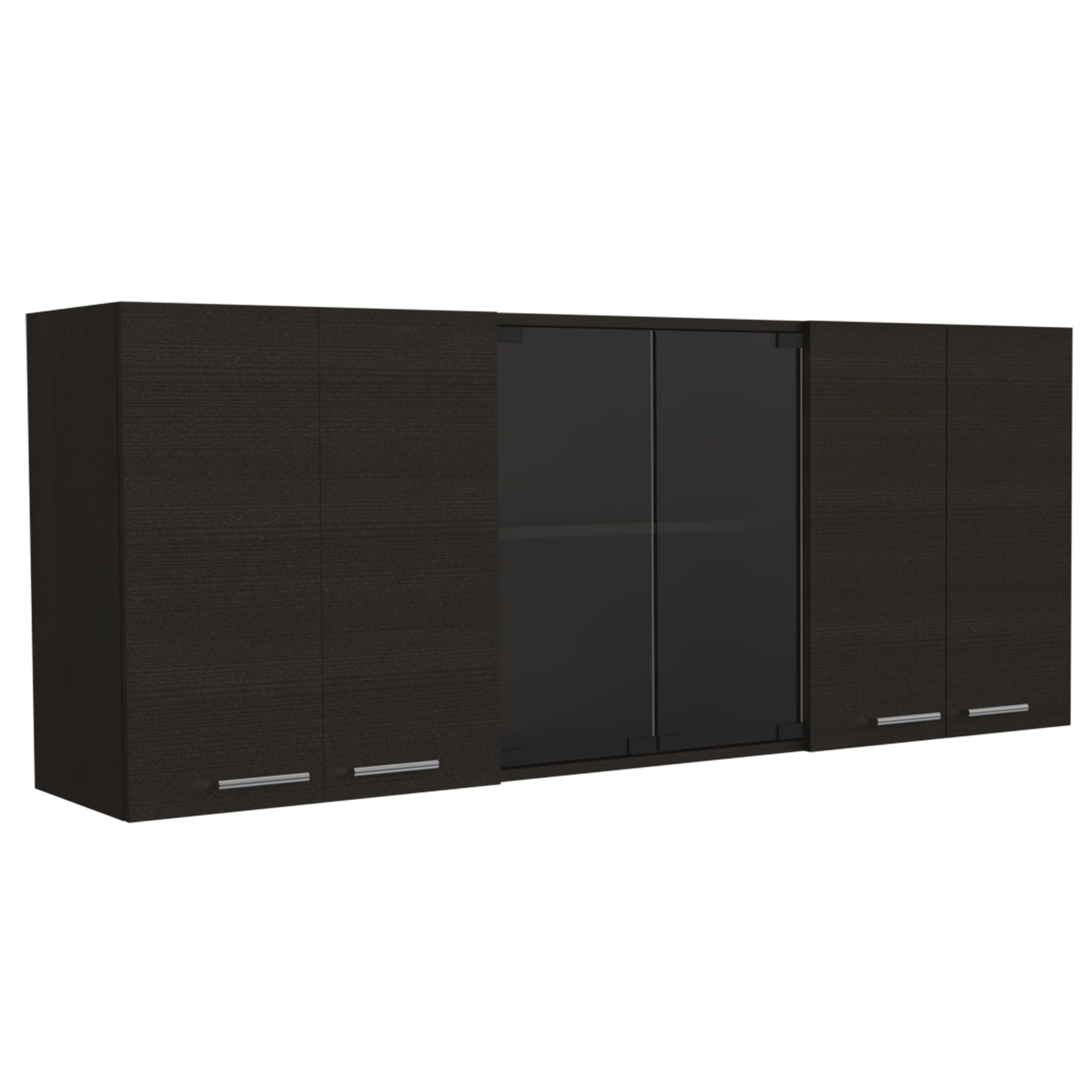 Yuma 150-inch wall cabinet with two closed cabinets and two open shelves in dark wood finish