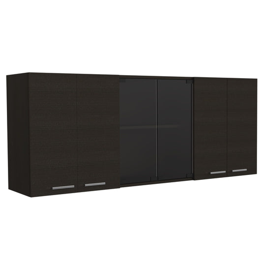 Yuma 150-inch wall cabinet with two closed cabinets and two open shelves in dark wood finish