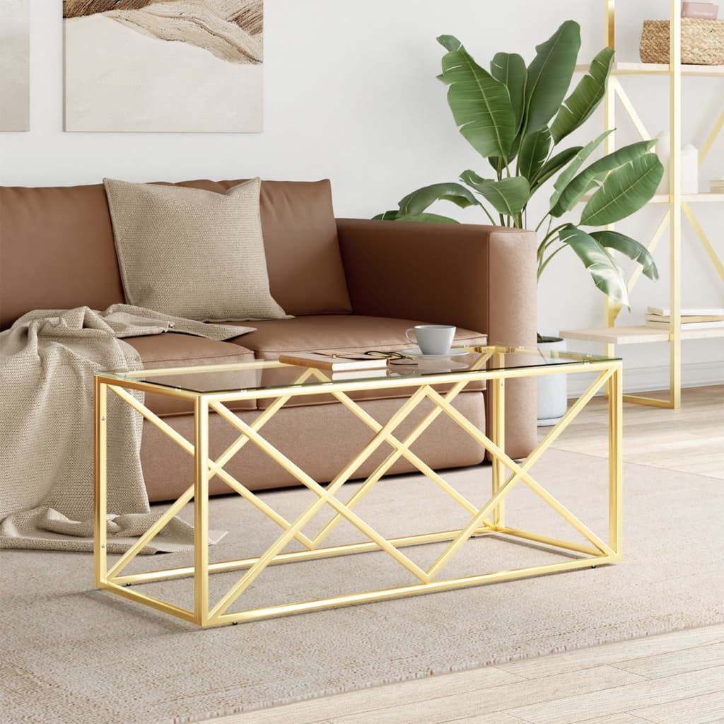 Coffee table with gold stainless steel frame and tempered glass top, featuring a geometric diamond-frame lattice.