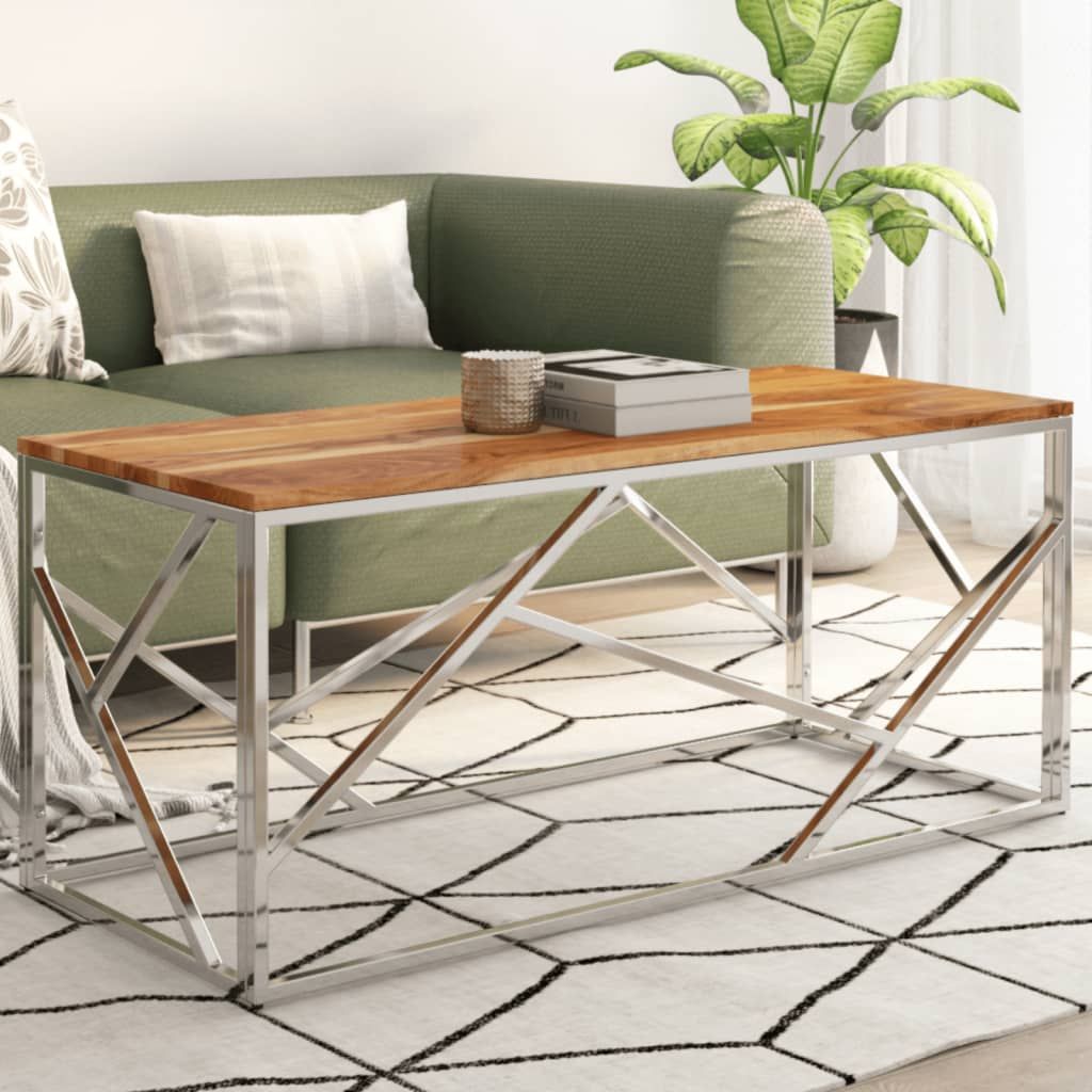 Coffee table with wood top and silver stainless steel geometric crisscross frame, Doba, medium