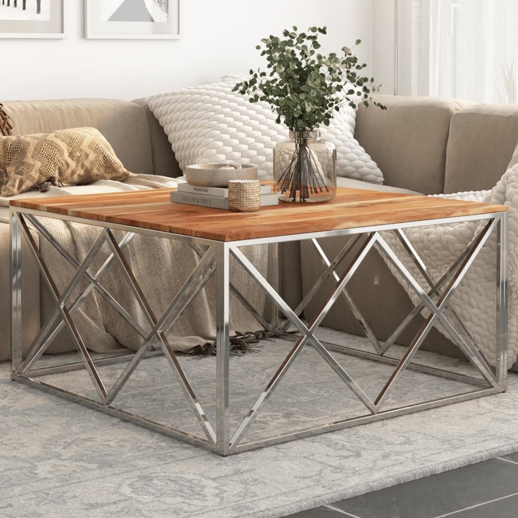 Coffee table, square, with silver stainless steel frame and wooden top, 39.4 in long