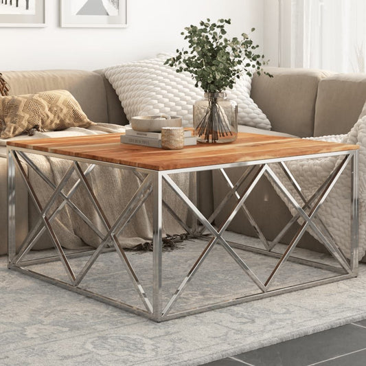 Coffee table, square, with silver stainless steel frame and wooden top, 39.4 in long