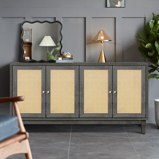 Handcrafted grain-panel rattan sideboard with 4 rattan doors, dark gray frame