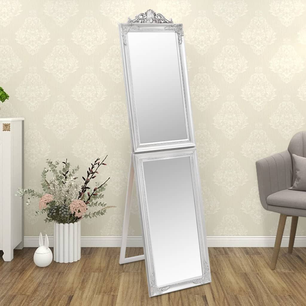 Free-standing silver mirror with dual panels and ornate frame, eucalyptus and engineered wood construction