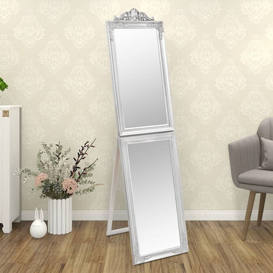 Free-standing silver mirror with dual panels and ornate frame, eucalyptus and engineered wood construction