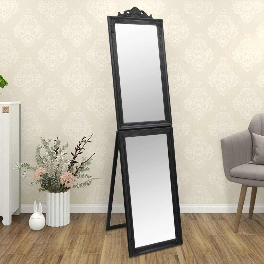Doba free-standing black glass two-panel full-length foldable mirror with ornate top frame