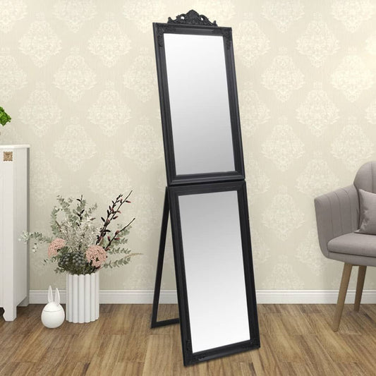 Doba free-standing black glass two-panel full-length foldable mirror with ornate top frame