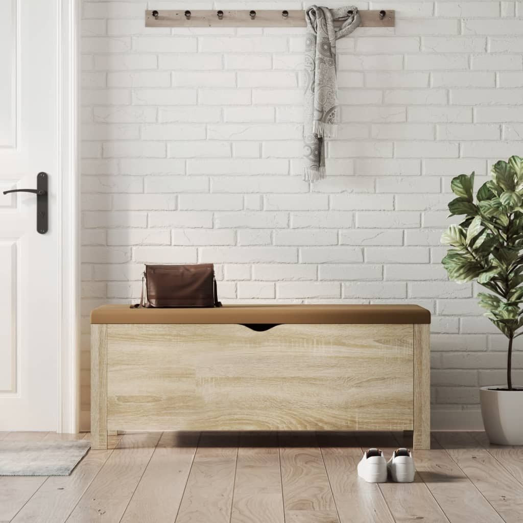 Storage box bench in Sonoma Oak engineered wood with brown faux leather top