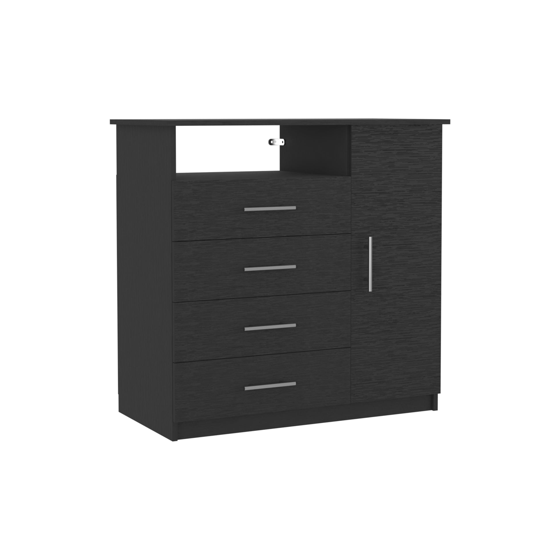 Beaufort dresser in black wood-grain finish with open center shelf and silver drawer pulls
