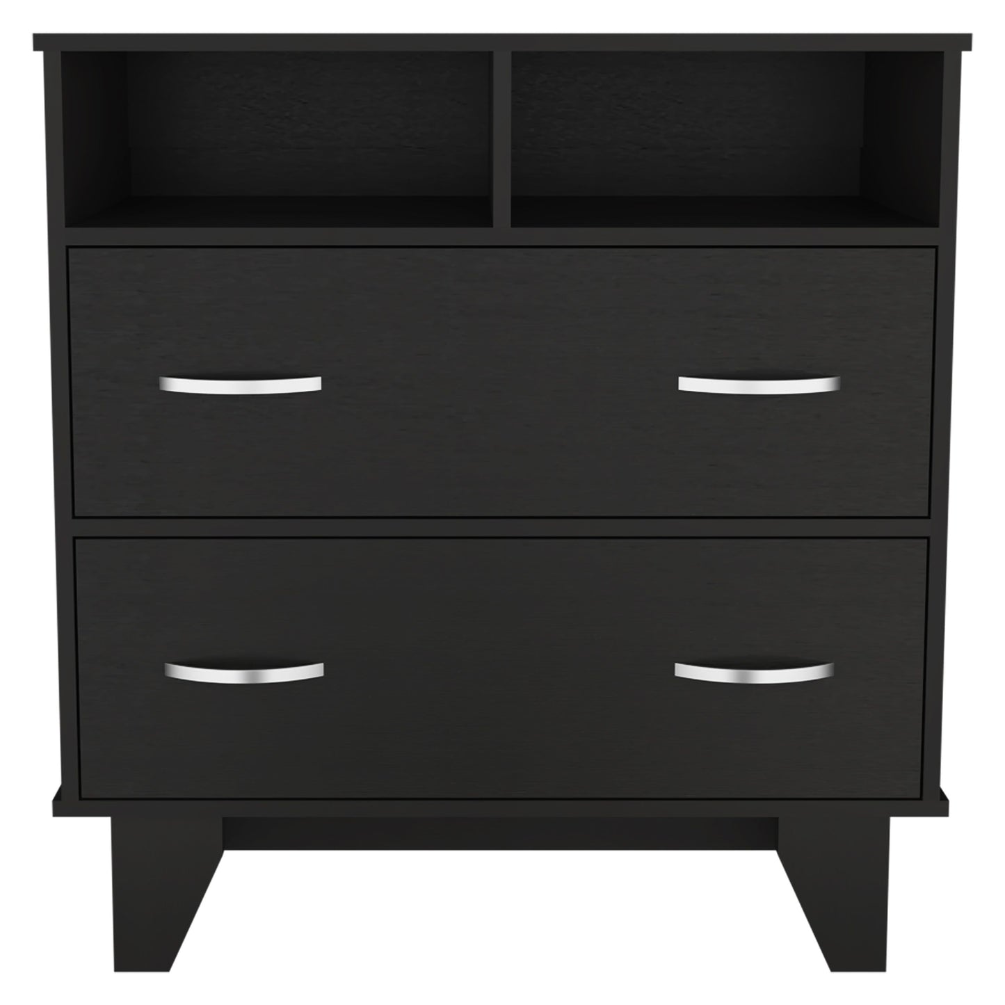 Arabi black double-drawer dresser with two open cubbies and silver handles by Doba.