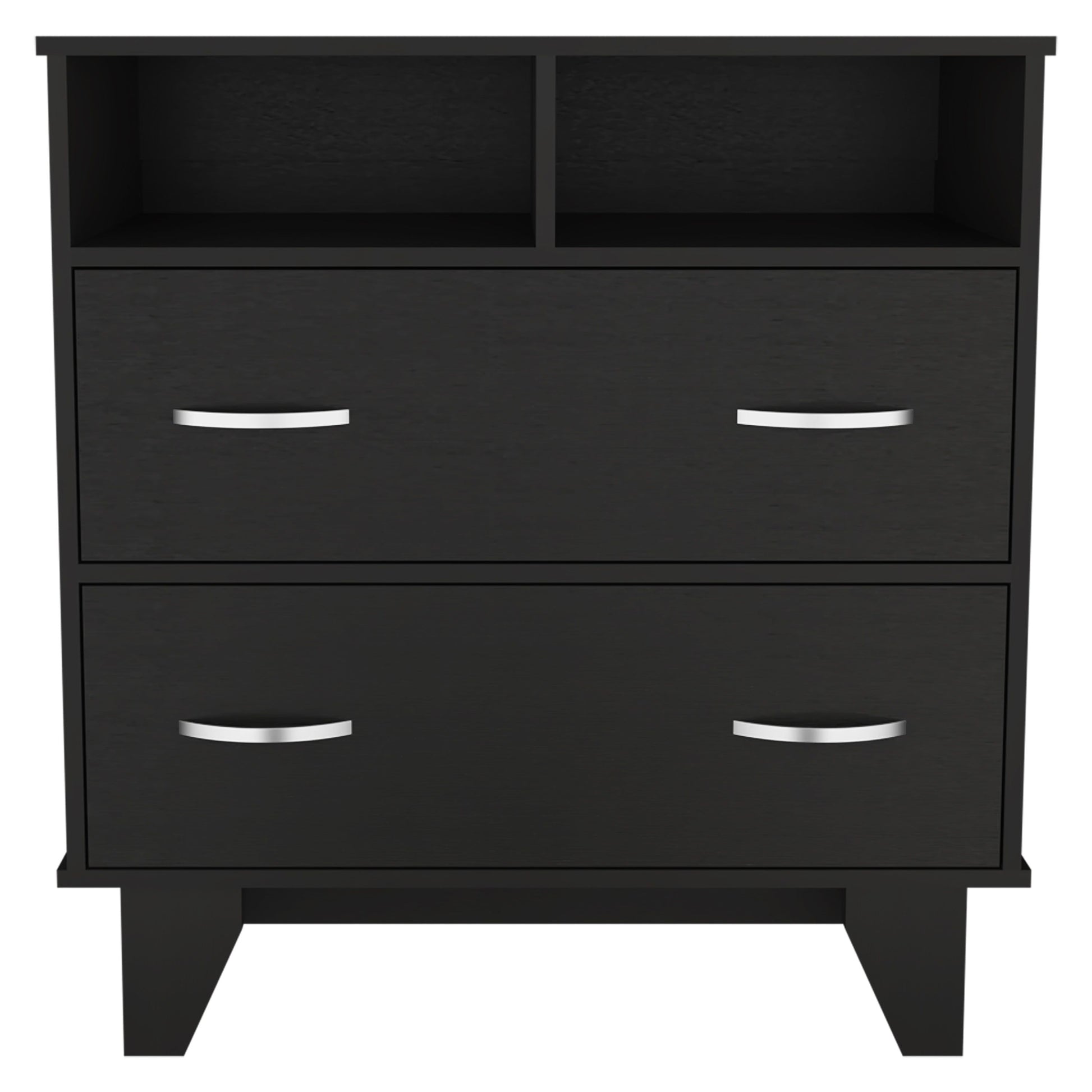 Arabi black double-drawer dresser with two open cubbies and silver handles by Doba.