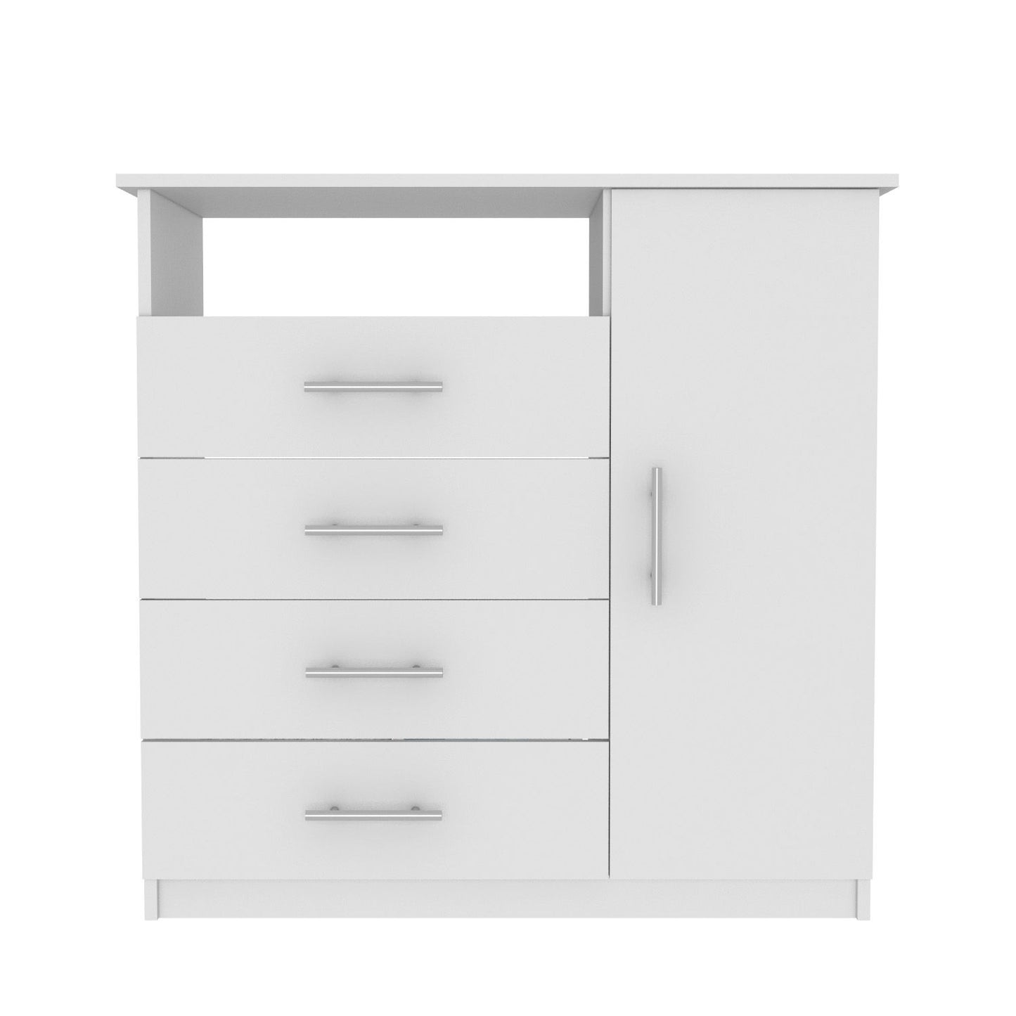 Beaufort dresser, white finish with open top shelf, four drawers on left and tall cabinet on right.