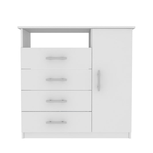 Beaufort dresser, white finish with open top shelf, four drawers on left and tall cabinet on right.
