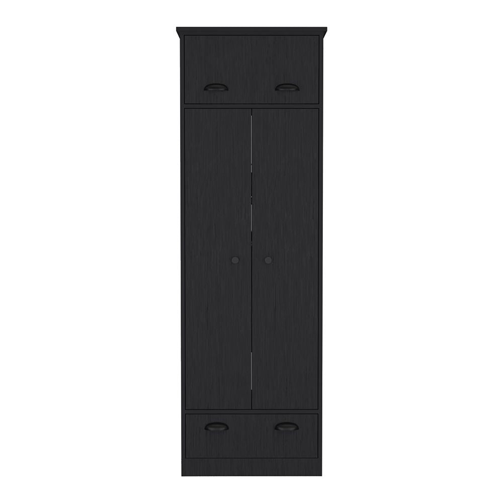 Armoire Dumas black bedroom storage cabinet with two top drawers, tall double doors, and a bottom drawer by Doba.
