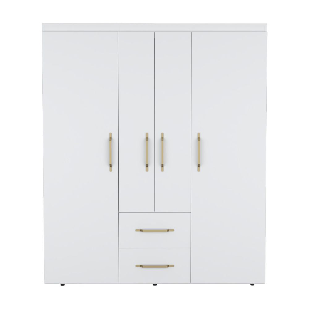 Armoire Elma white wardrobe with four doors and two drawers, brass handles