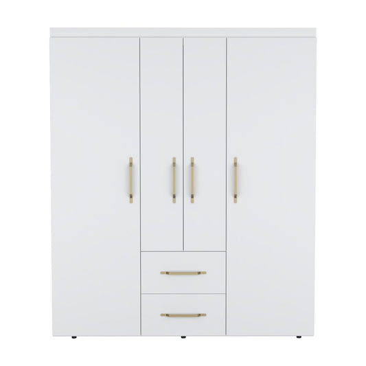 Armoire Elma white wardrobe with four doors and two drawers, brass handles