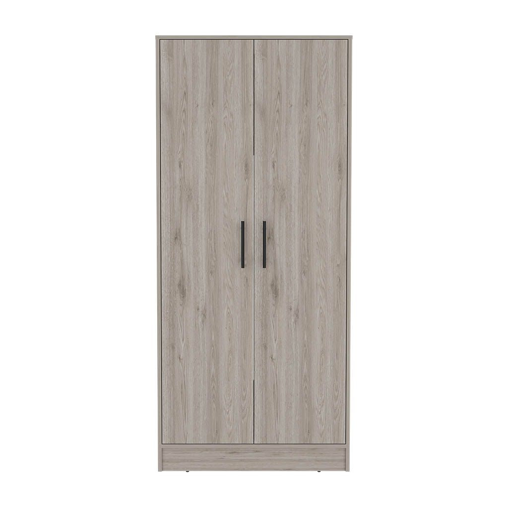 Doba Beery 180 Armoire, light gray bedroom wardrobe with two doors and black handles