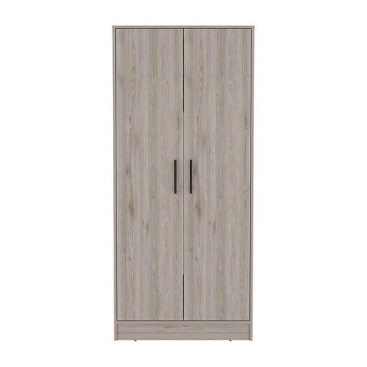 Doba Beery 180 Armoire, light gray bedroom wardrobe with two doors and black handles