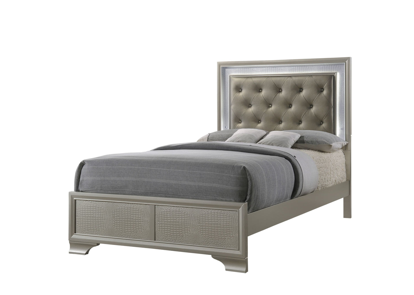 Twin-size LED panel bed in champagne crocodile-skin finish with tufted faux-diamond headboard