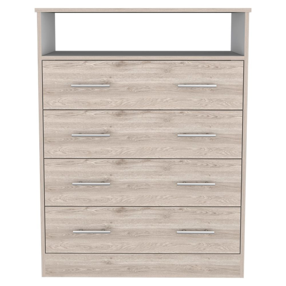Four-drawer dresser Wuju with open top shelf, light gray/white wood finish