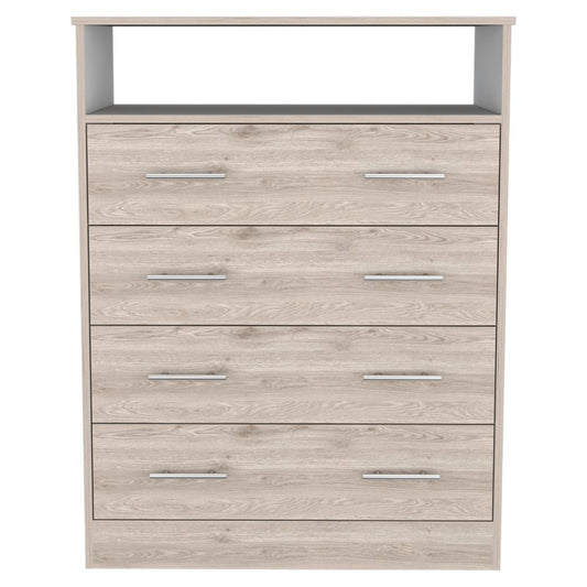 Four-drawer dresser Wuju with open top shelf, light gray/white wood finish