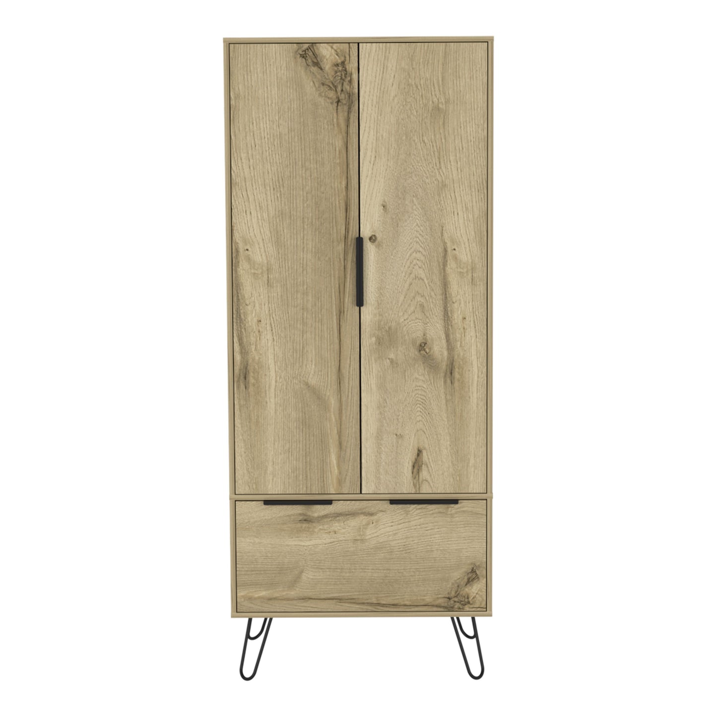 Armoire Skyoner by Doba, light oak finish, two-door bedroom wardrobe with slim center handle and mid-century legs