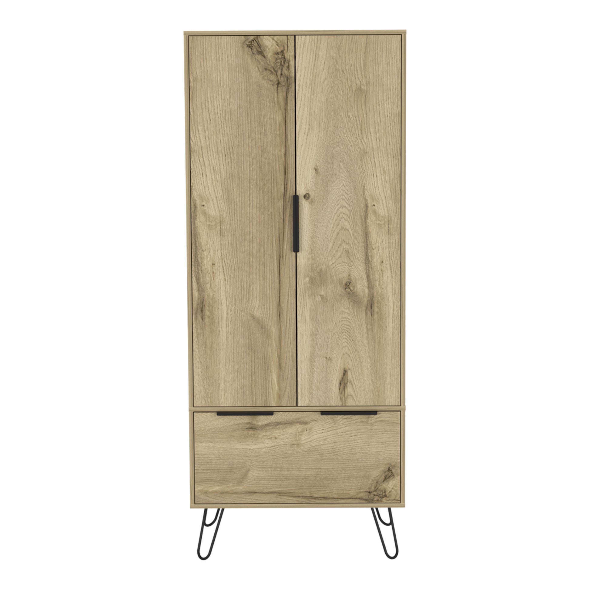 Armoire Skyoner by Doba, light oak finish, two-door bedroom wardrobe with slim center handle and mid-century legs