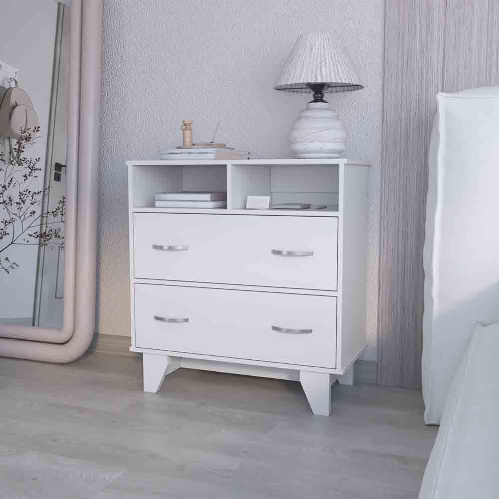 Double Drawer Dresser Arabi white with two top open cubbies for bedroom storage