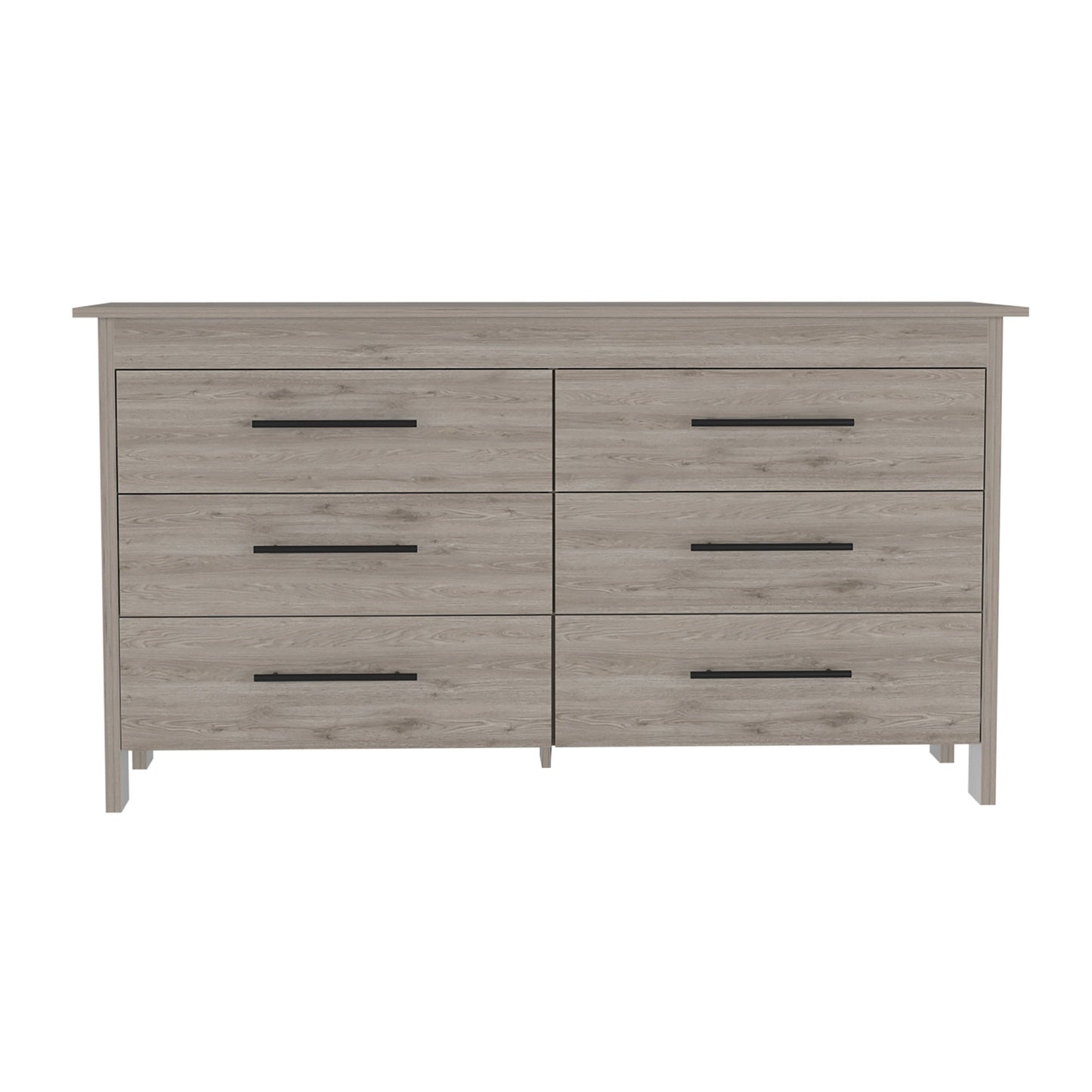 Wezz 6-drawer double dresser in light gray wood finish with black bar pulls