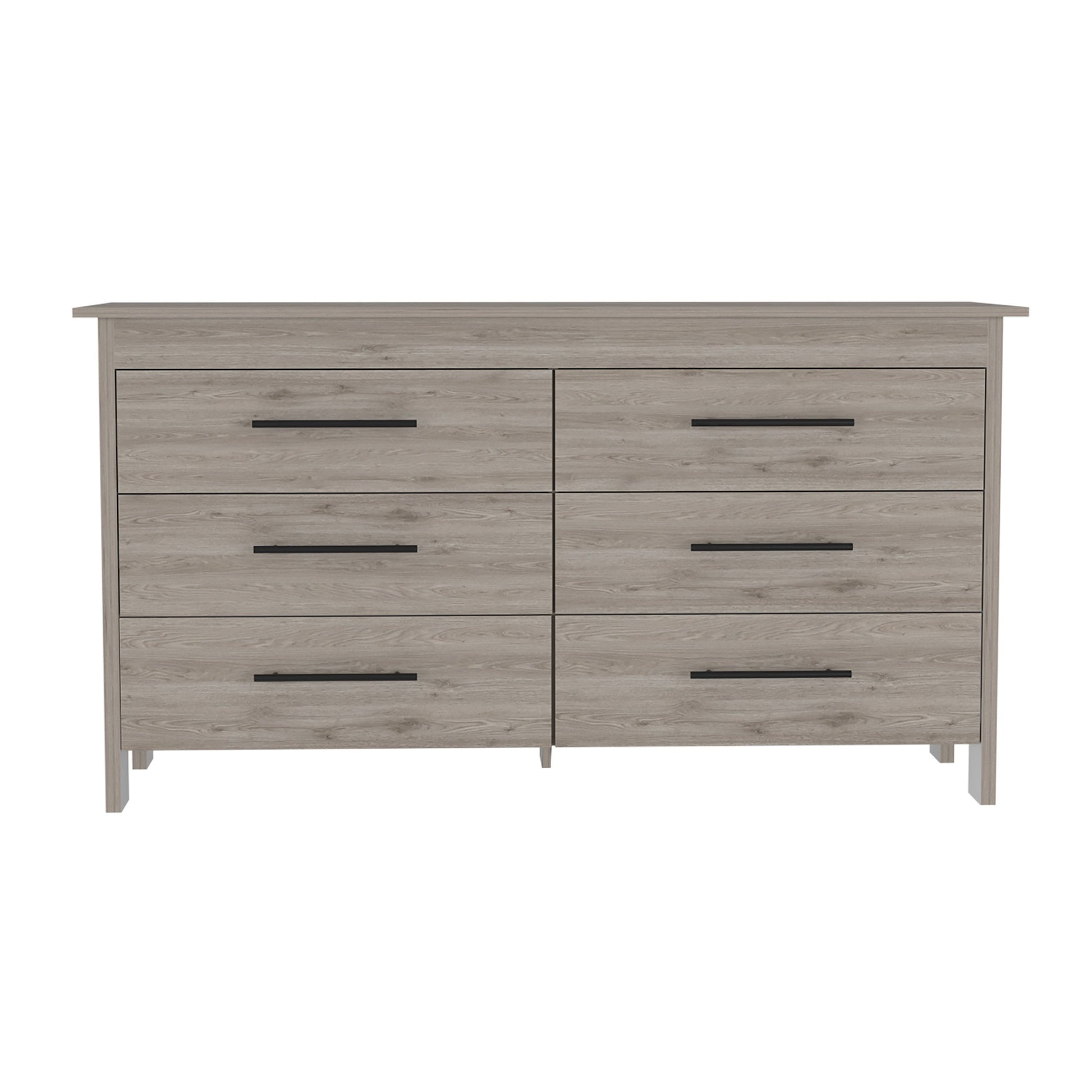 Wezz 6-drawer double dresser in light gray wood finish with black bar pulls