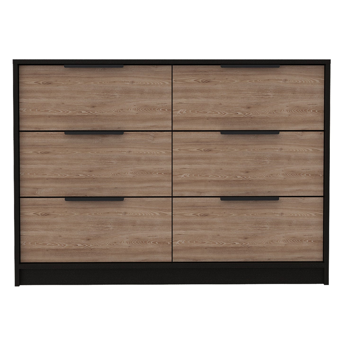 4-drawer double dresser with black frame and pine wood drawers.