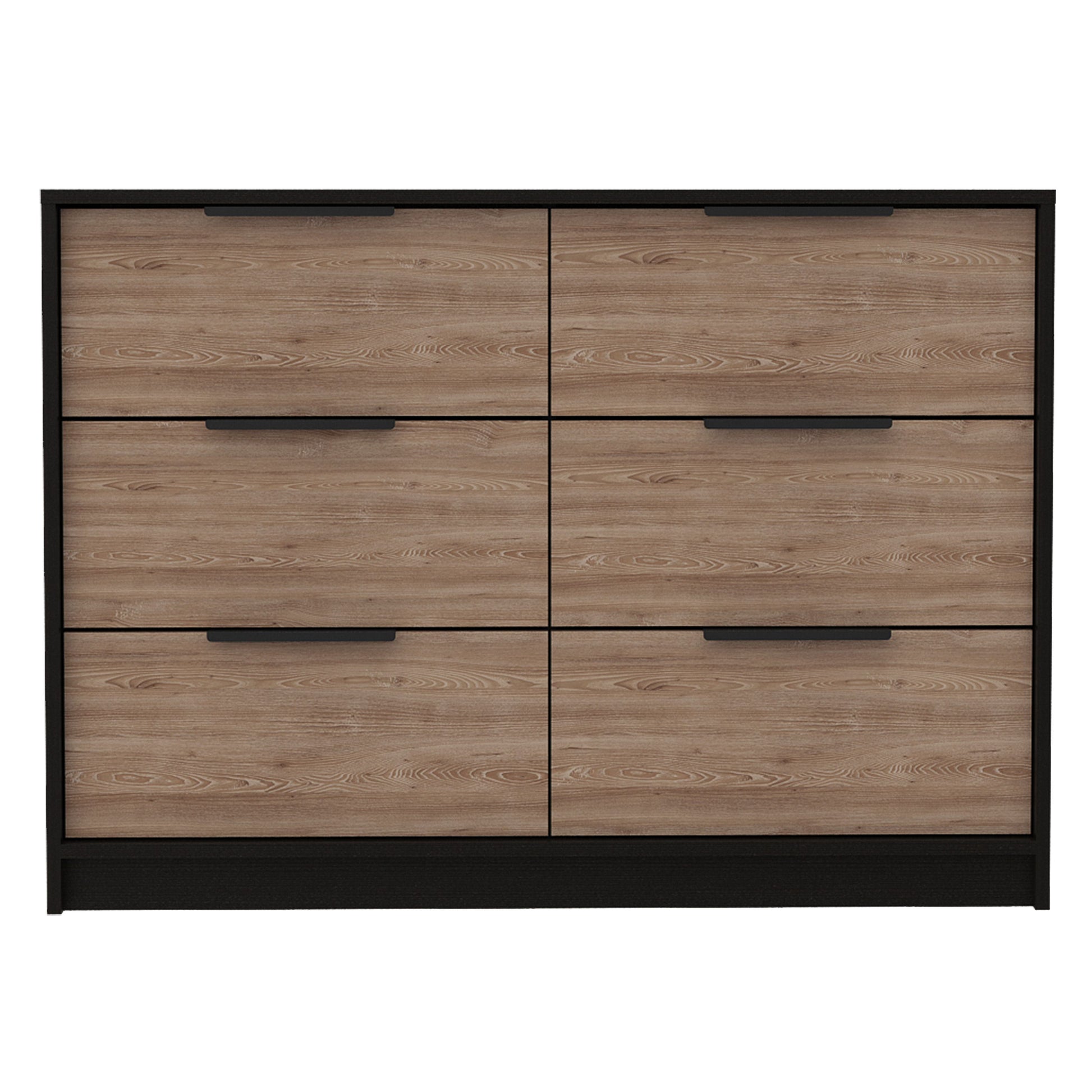 4-drawer double dresser with black frame and pine wood drawers.