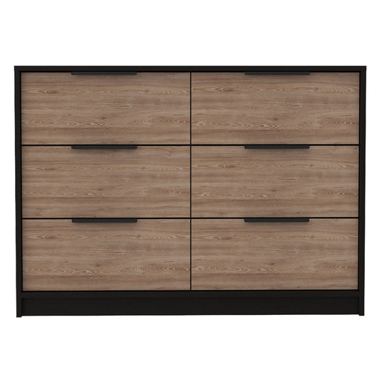 4-drawer double dresser with black frame and pine wood drawers.