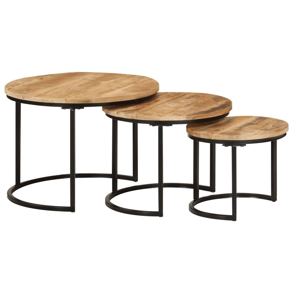 Nesting Tables Set of 3 with round natural wood tops and black metal frames, Doba