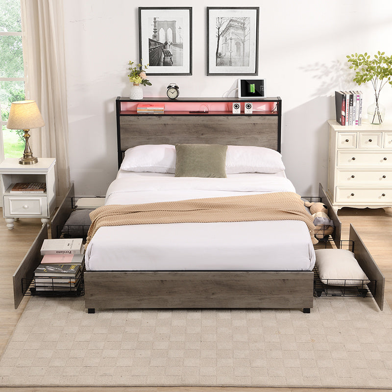 Doba queen bed frame with storage headboard and charging station, dark wood finish, no box spring needed