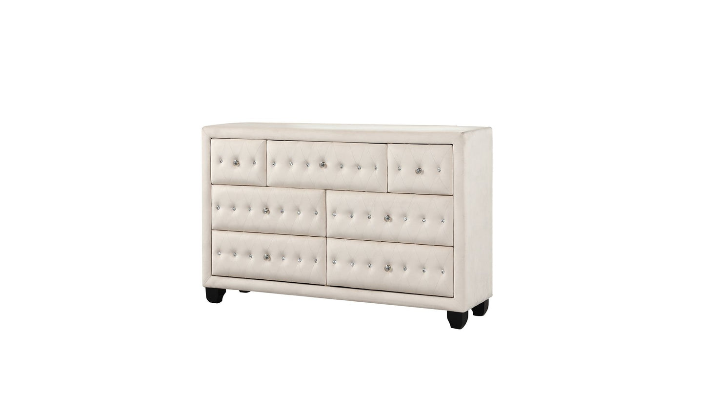 5-drawer cream velvet tufted chest with crystal knobs and wood frame