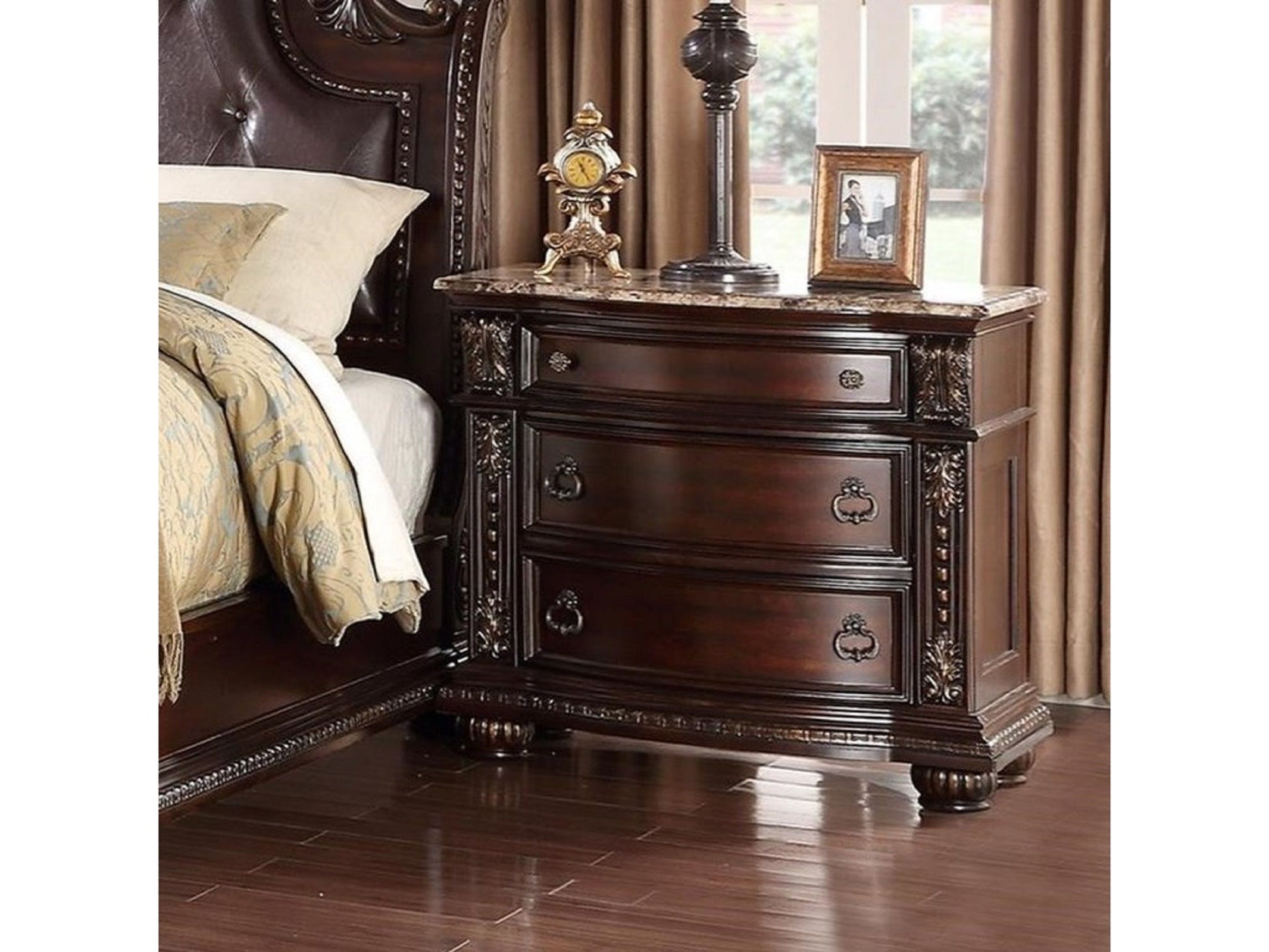 End table with marble top and 3-drawer design in rich dark brown cherry finish, solid wood; clock and photo frame on top