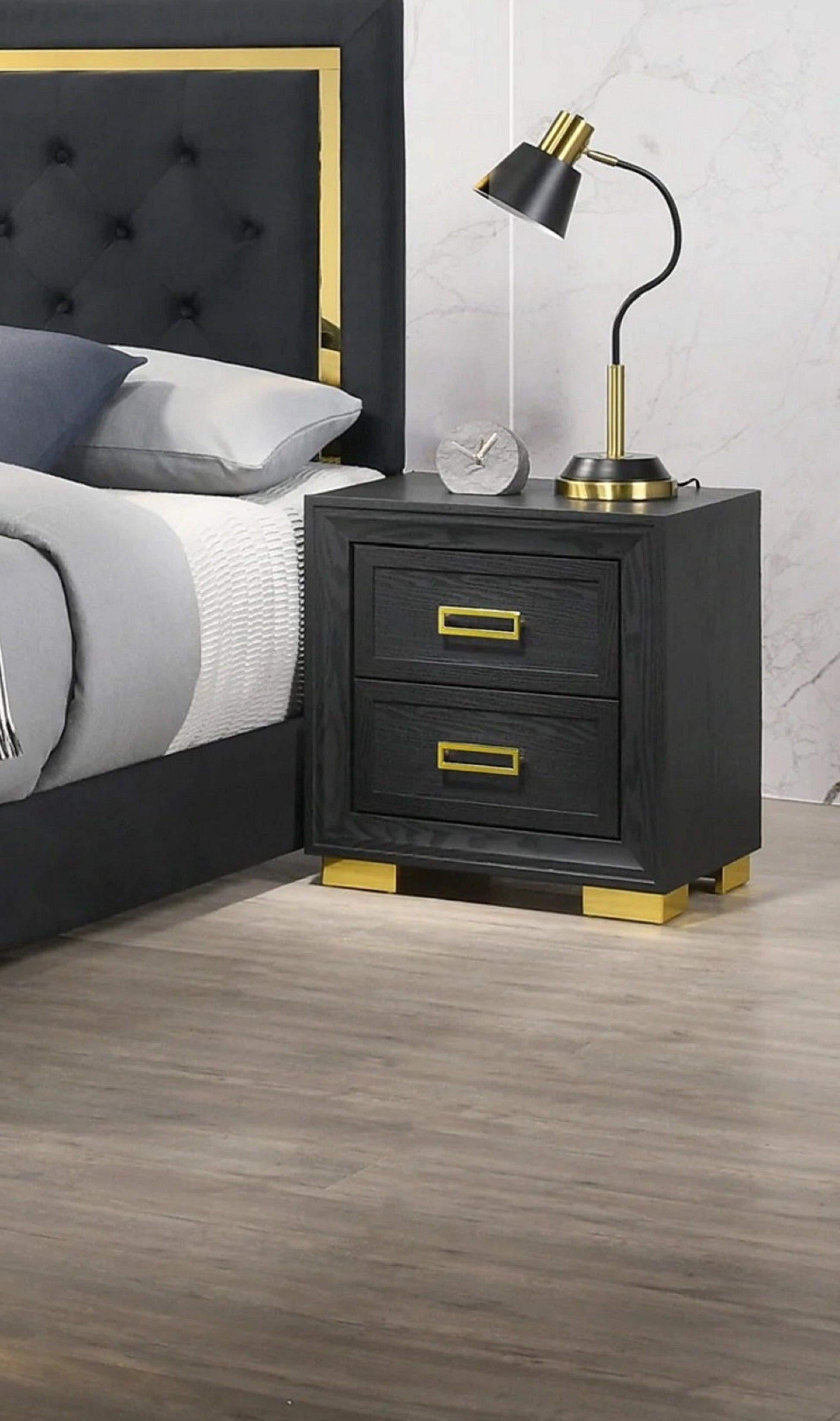 Nightstand, black finish with gold hardware, 2 drawers, by Doba