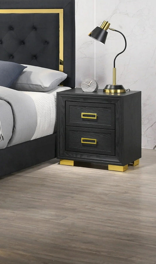 Nightstand, black finish with gold hardware, 2 drawers, by Doba