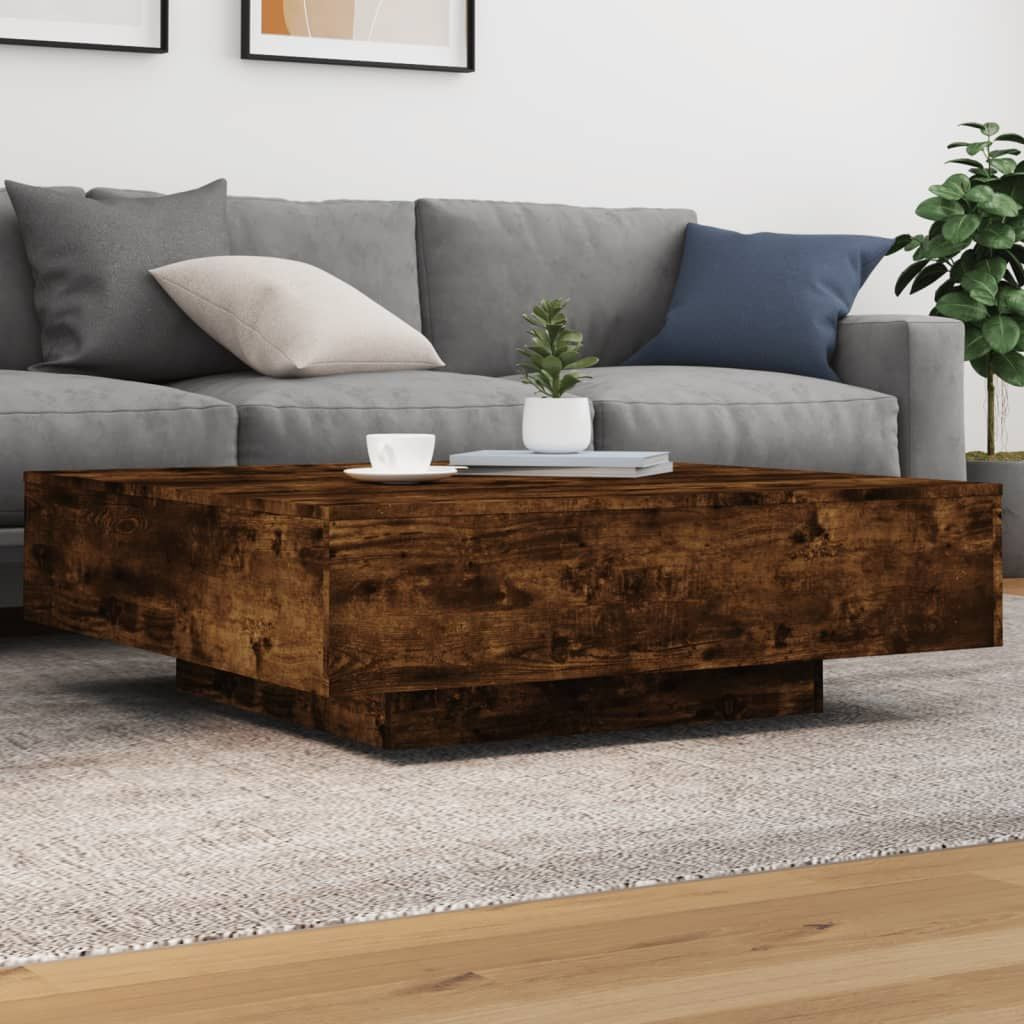 Coffee Table smoked oak finish, engineered wood, 39.4x39.4x12.2 inches in a living room with a gray sofa