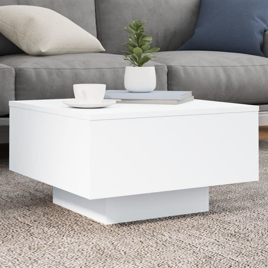 Coffee table white engineered wood, 21.7 in square and 12.2 in high, modern pedestal design.