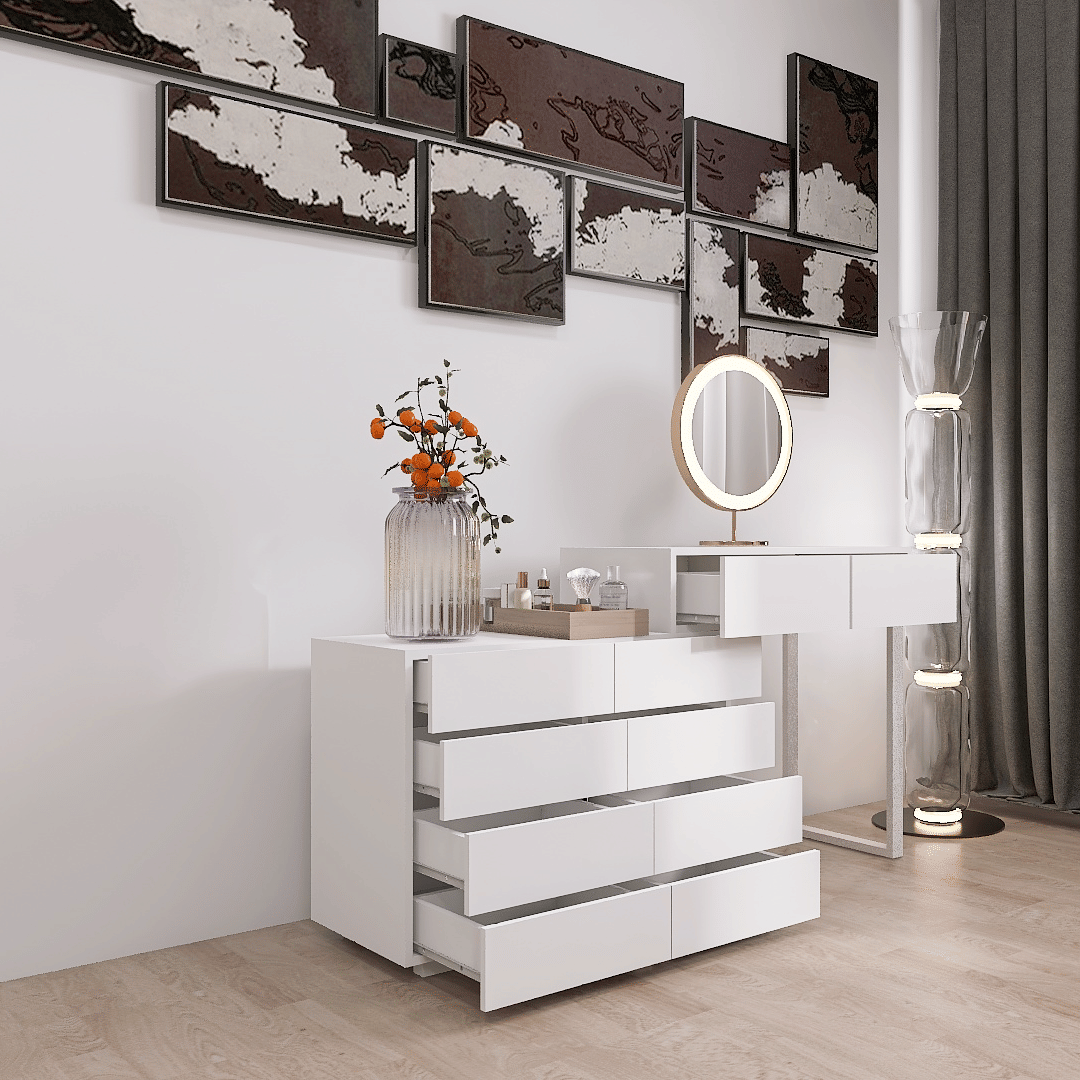 Chest of drawers vanity, white modern design, no-handles, with round lighted mirror