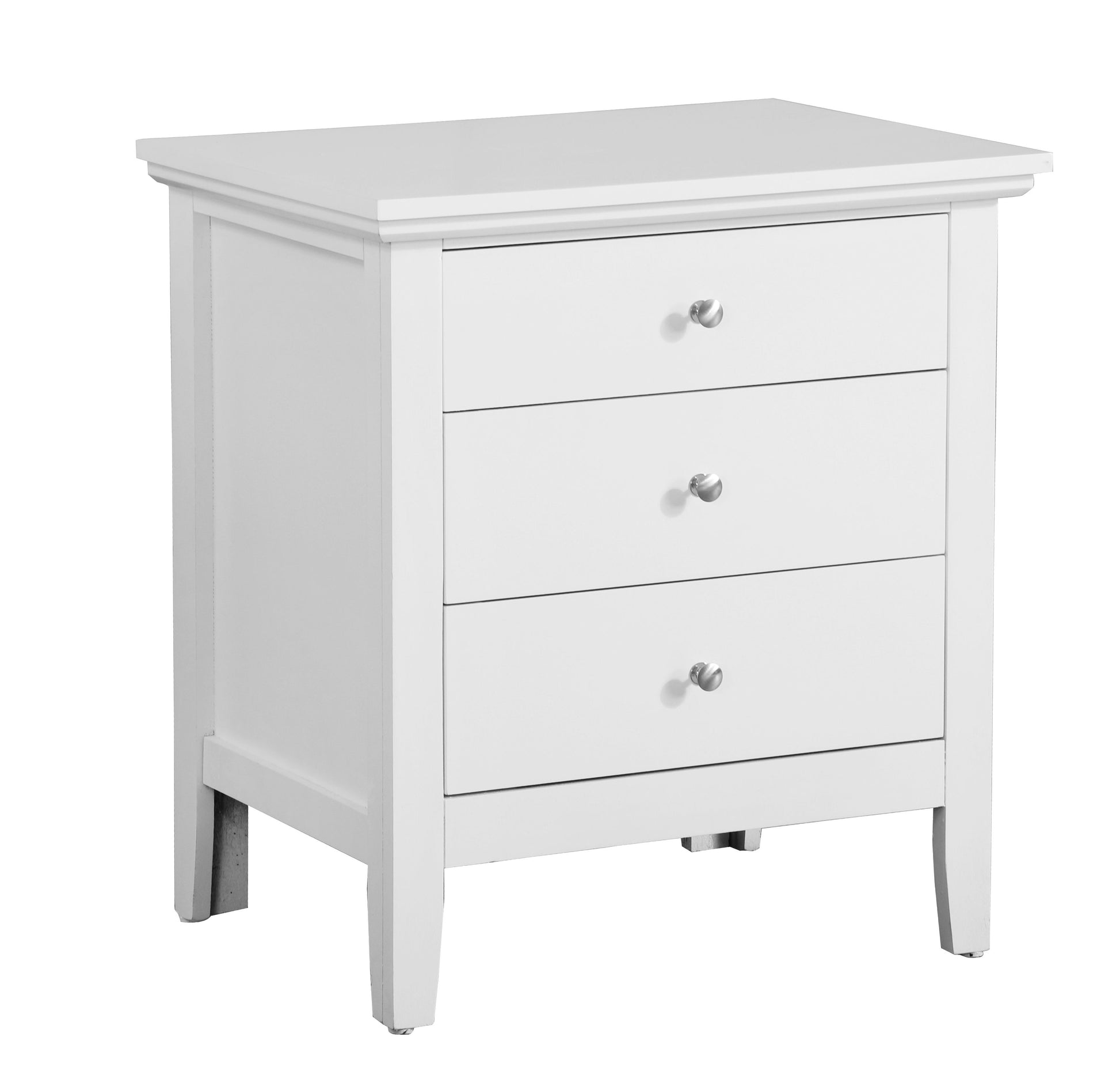 Elegant white casual nightstand by Doba with three drawers and silver knobs
