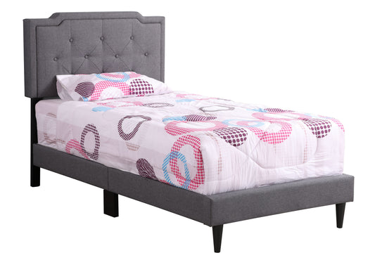 Twin bed in gray fabric with diamond-tufted headboard and dark legs